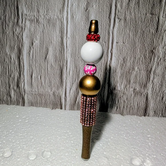2 Beaded Pens - Gold and Pink Beaded Pen And Gray Football Themed Pen - Picture 4 of 4